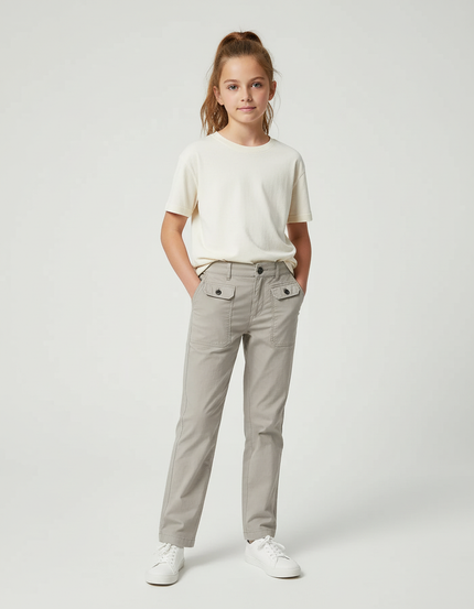 Pantalon Chino Gris Coton Droit Décontracté Fille - Gabardine