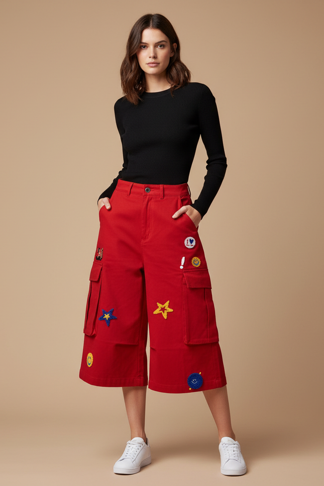 Pantalon Chino Rouge Brodé Ample Décontracté Femme - Gabardine