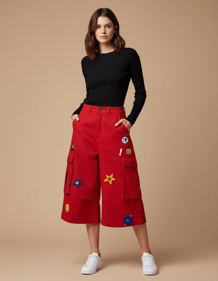 Pantalon Chino Rouge Brodé Ample Décontracté Femme - Gabardine