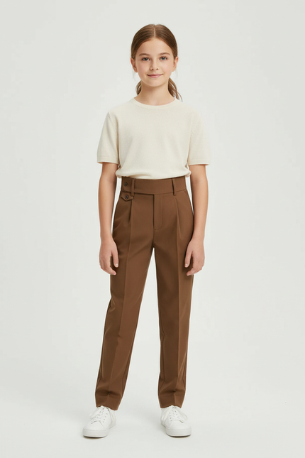 Pantalon Chino Marron Plissé Taille Haute Élégant Enfant - Gabardine