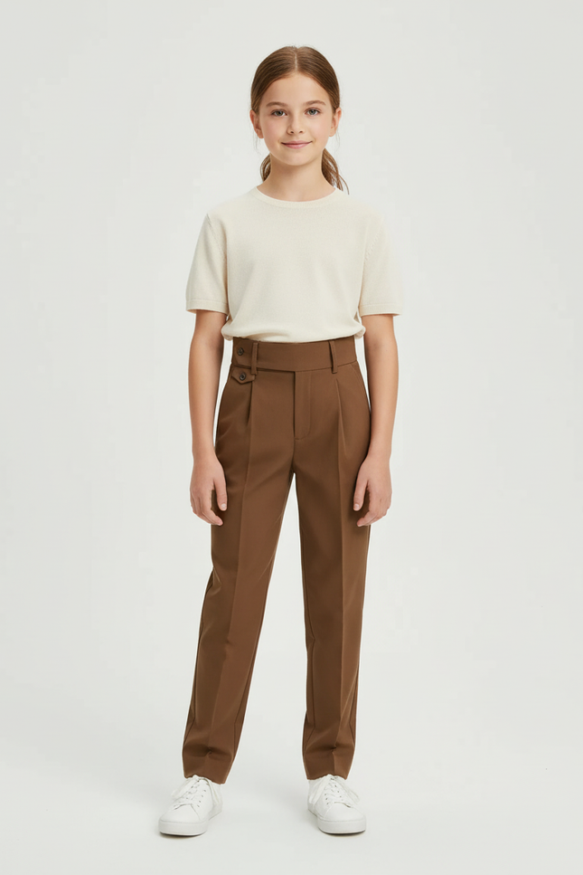 Pantalon Chino Marron Plissé Taille Haute Élégant Enfant - Gabardine