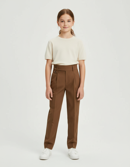 Pantalon Chino Marron Plissé Taille Haute Élégant Enfant - Gabardine