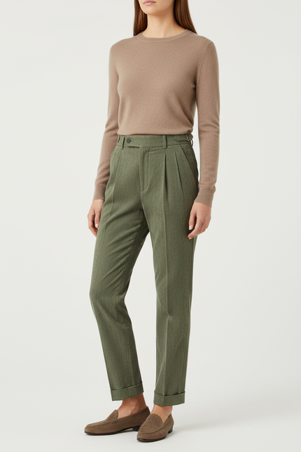Pantalon Chino Vert Olive, Plissé, Taille Haute, Femme - Tweed