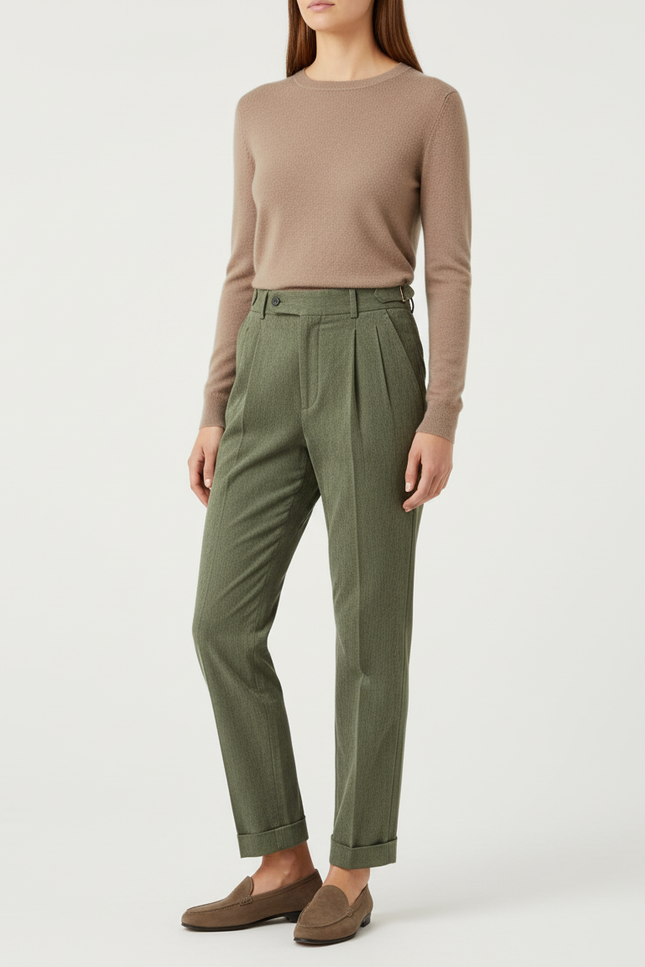 Pantalon Chino Vert Olive, Plissé, Taille Haute, Femme - Tweed
