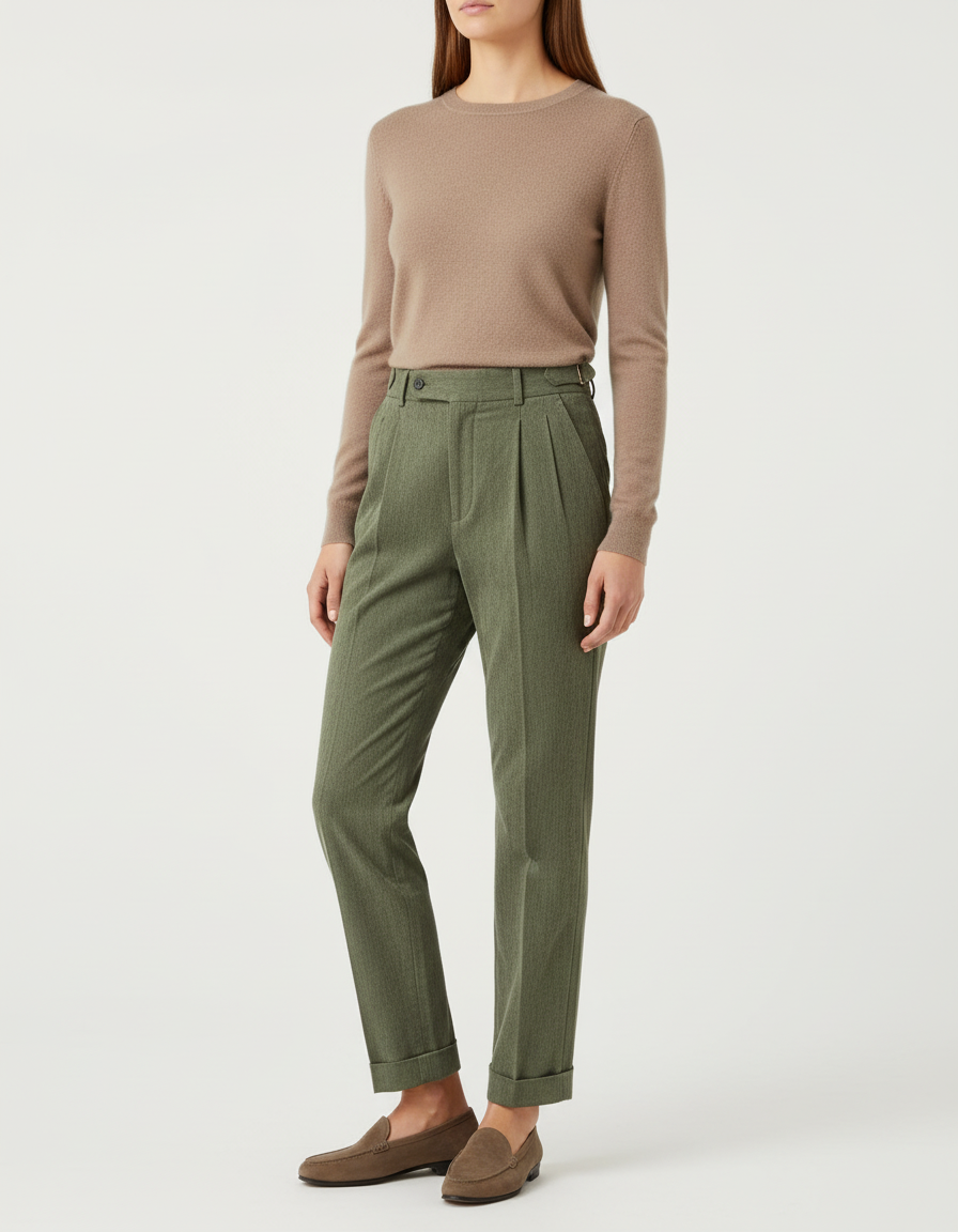 Pantalon Chino Vert Olive, Plissé, Taille Haute, Femme - Tweed
