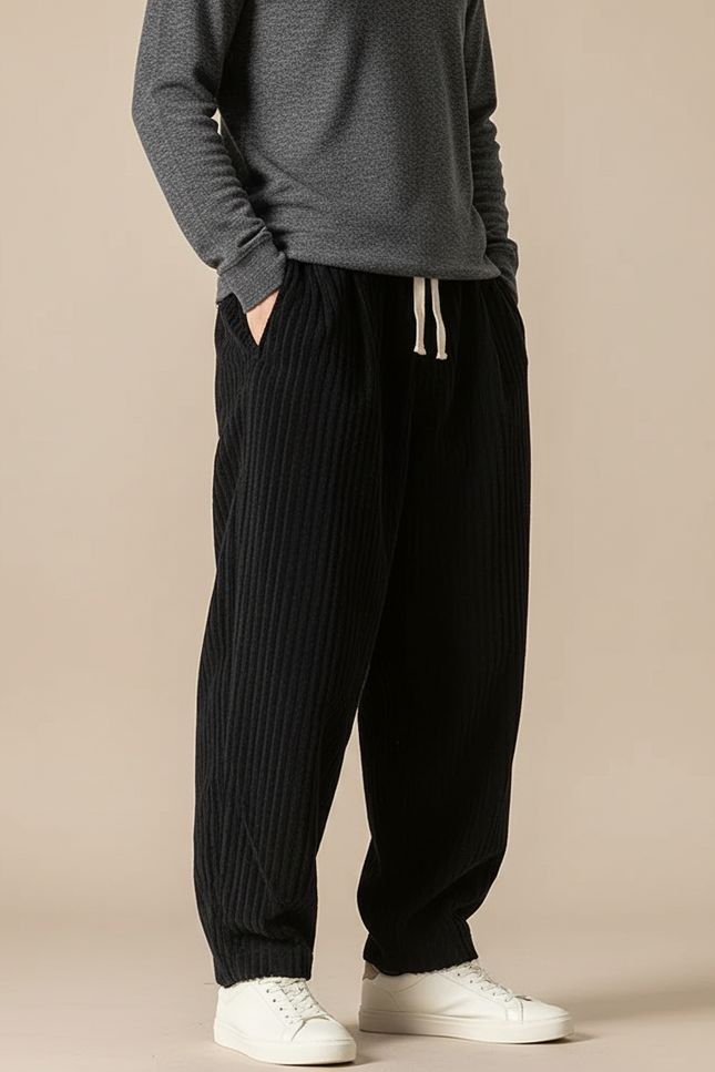 Pantalon Chino Noir Côtelé Ample Décontracté Homme - Cordé