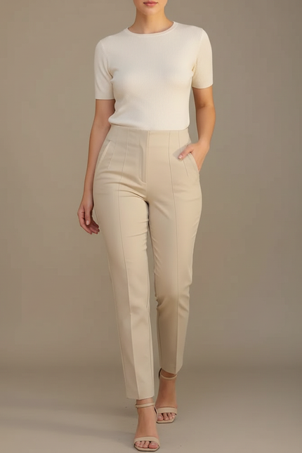 Pantalon Chino Beige Slim Élégant Femme Cropped - Gabardine