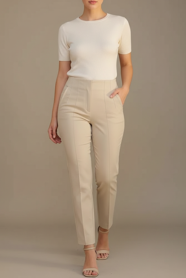 Pantalon Chino Beige Slim Élégant Femme Cropped - Gabardine