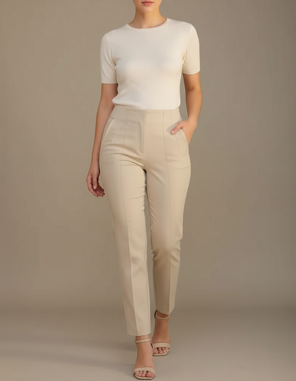 Pantalon Chino Beige Slim Élégant Femme Cropped - Gabardine