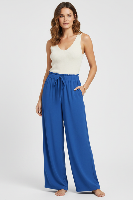 Pantalon Chino Bleu Royal Fluide Ample Décontracté Femme - Viscose