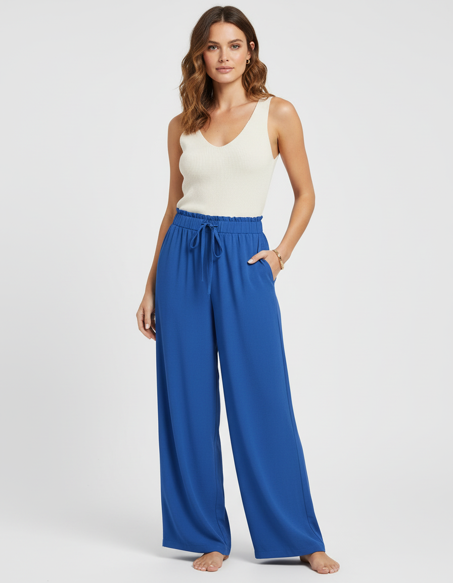 Pantalon Chino Bleu Royal Fluide Ample Décontracté Femme - Viscose