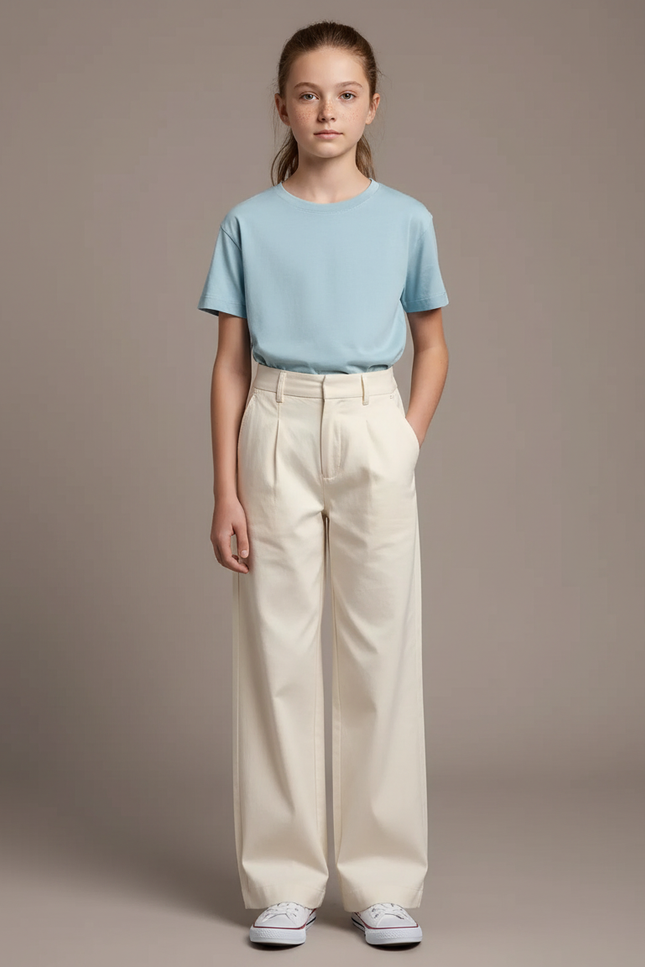 Pantalon Chino Crème Ample Coton Enfant Décontracté - Beige