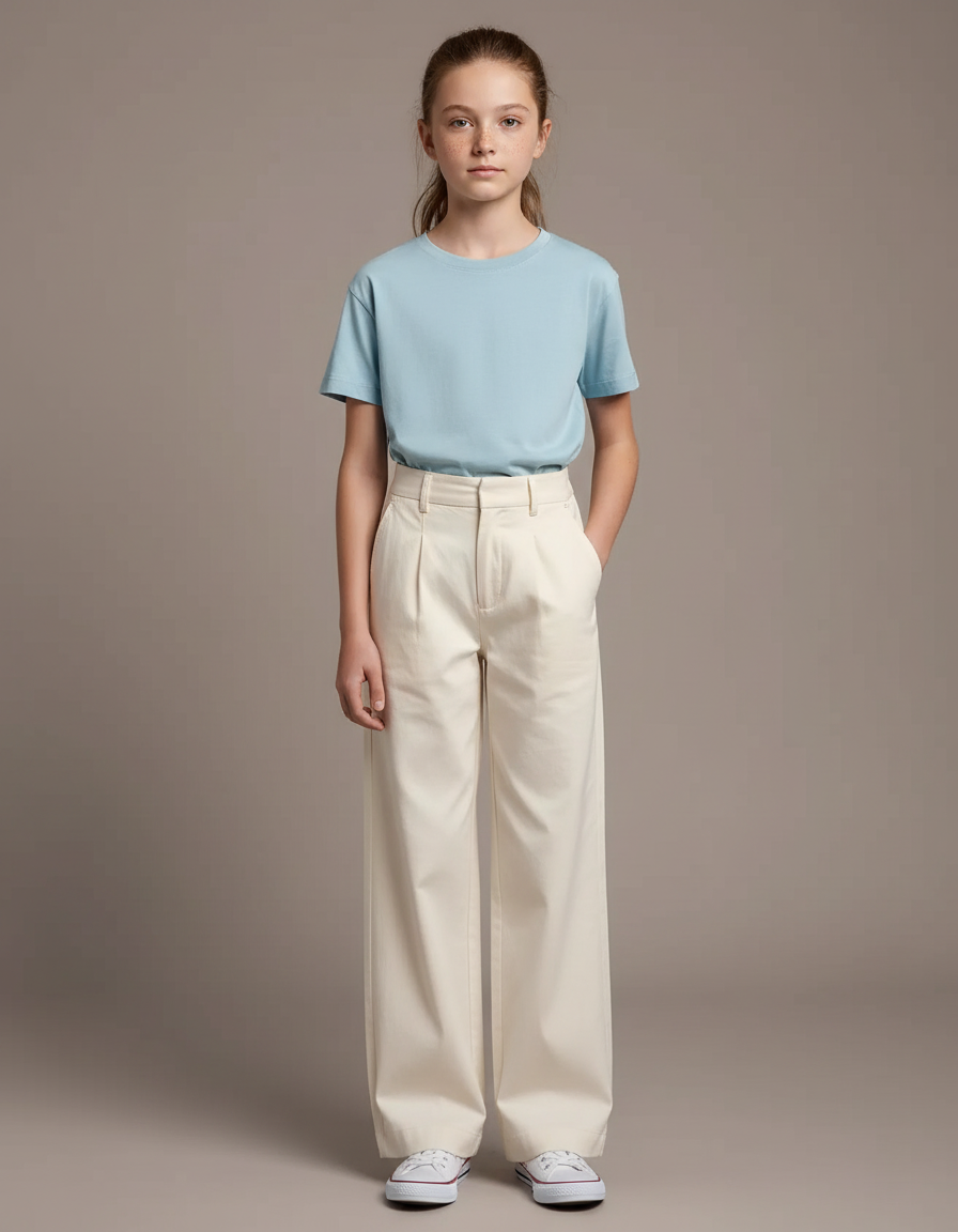 Pantalon Chino Crème Ample Coton Enfant Décontracté - Beige