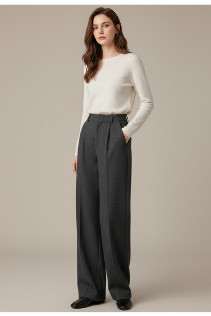 Pantalon Chino Gris Laine Ample Élégant Femme