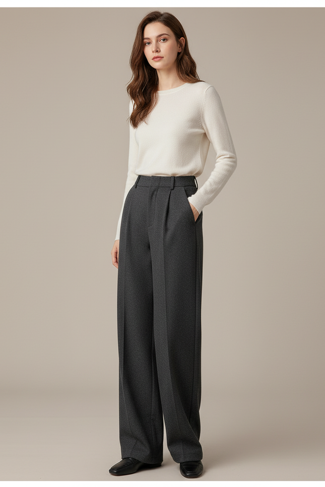Pantalon Chino Gris Laine Ample Élégant Femme