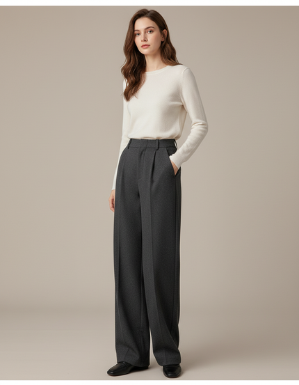 Pantalon Chino Gris Laine Ample Élégant Femme