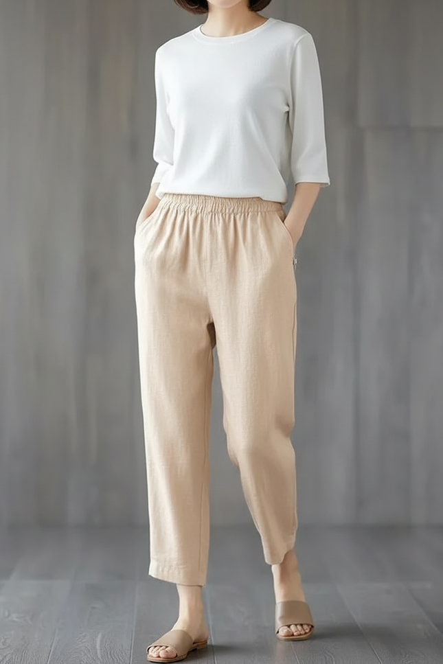 Pantalon Chino Beige Lin Ample Décontracté Fluide