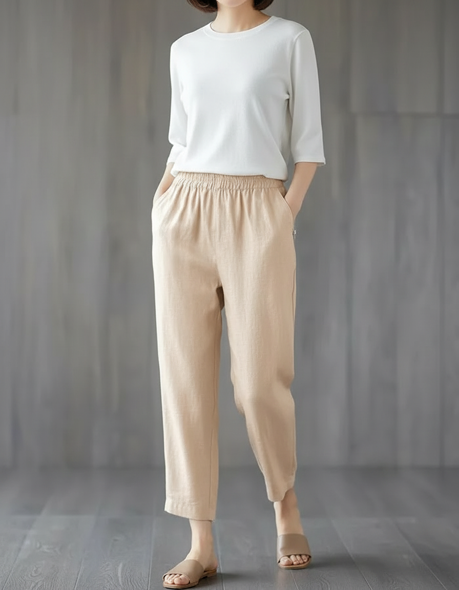 Pantalon Chino Beige Lin Ample Décontracté Fluide
