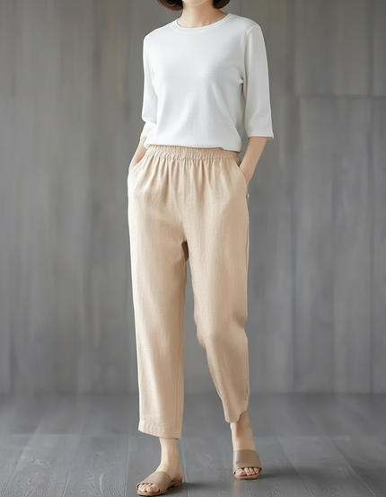 Pantalon Chino Beige Lin Ample Décontracté Fluide