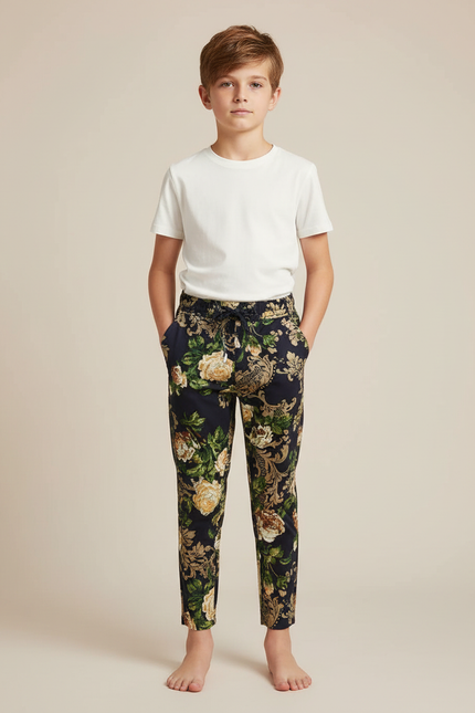 Pantalon Chino Fleuri Noir Cordon Décontracté Enfant - Multicolore Coton