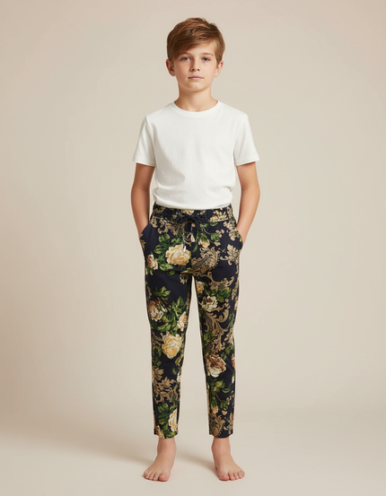Pantalon Chino Fleuri Noir Cordon Décontracté Enfant - Multicolore Coton