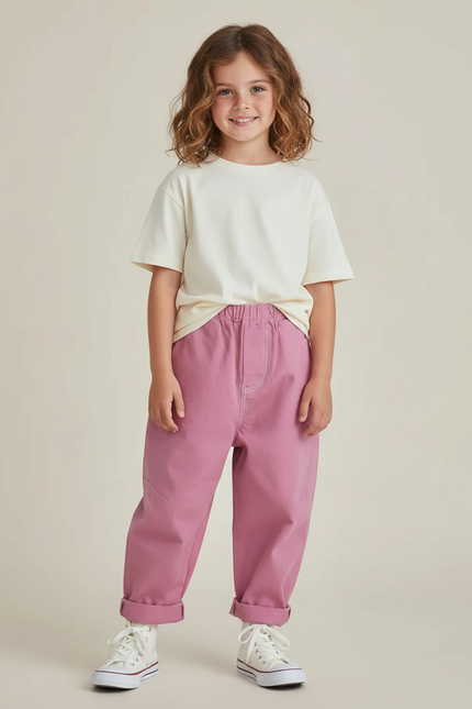 Pantalon Chino Rose Enfant Ample Décontracté Coton