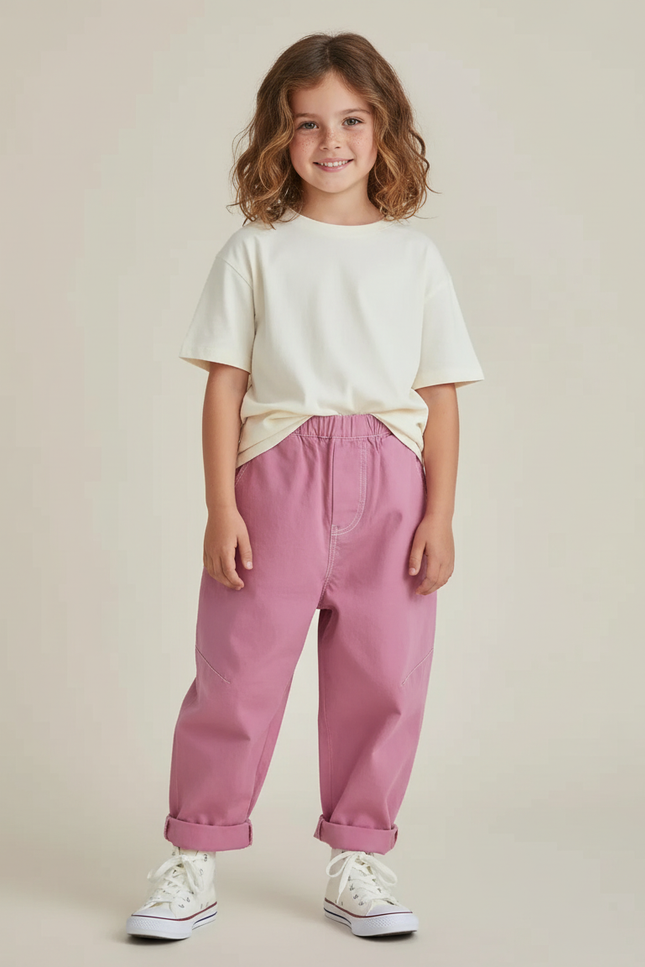Pantalon Chino Rose Enfant Ample Décontracté Coton