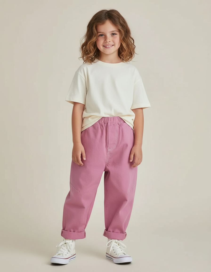 Pantalon Chino Rose Enfant Ample Décontracté Coton