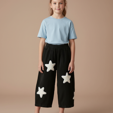 Pantalon Chino Noir Étoiles Blanches Ample Fille - Cordé
