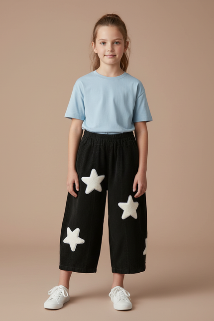Pantalon Chino Noir Étoiles Blanches Ample Fille - Cordé