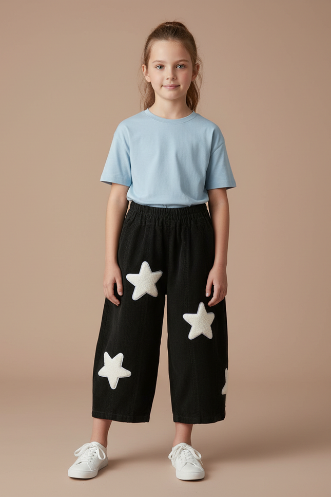 Pantalon Chino Noir Étoiles Blanches Ample Fille - Cordé