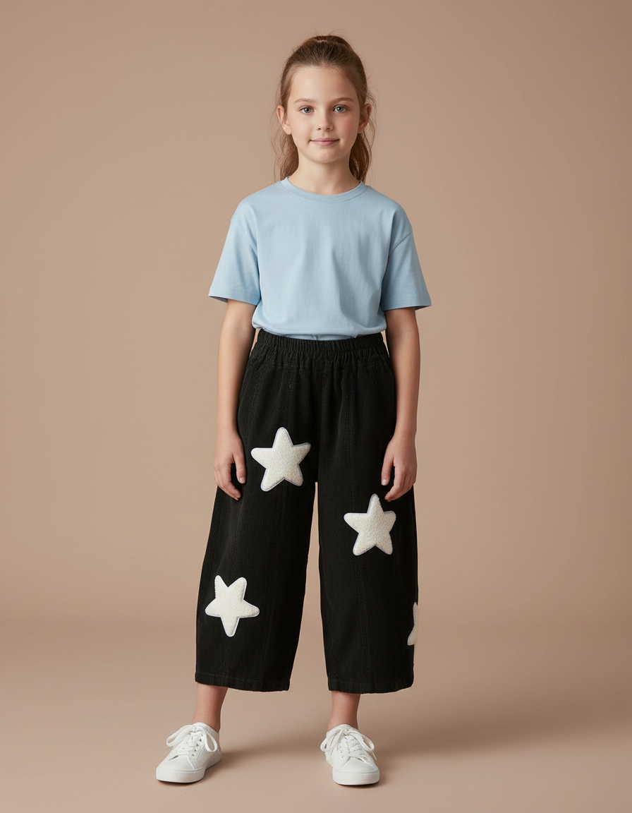 Pantalon Chino Noir Étoiles Blanches Ample Fille - Cordé