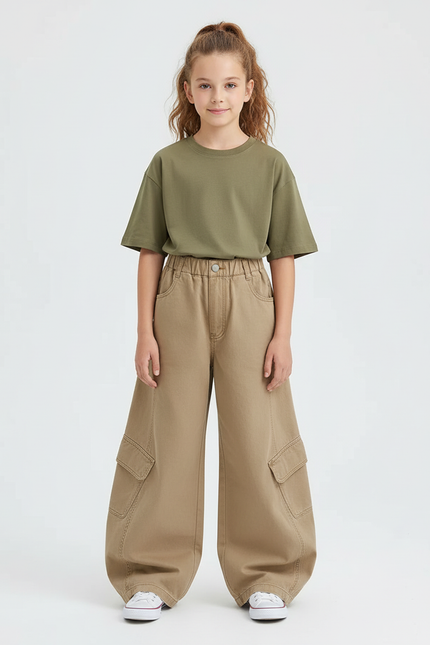Pantalon Chino Kaki Ample Cargo Enfant Poches - Coton