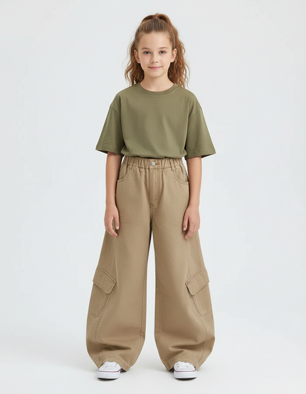 Pantalon Chino Kaki Ample Cargo Enfant Poches - Coton