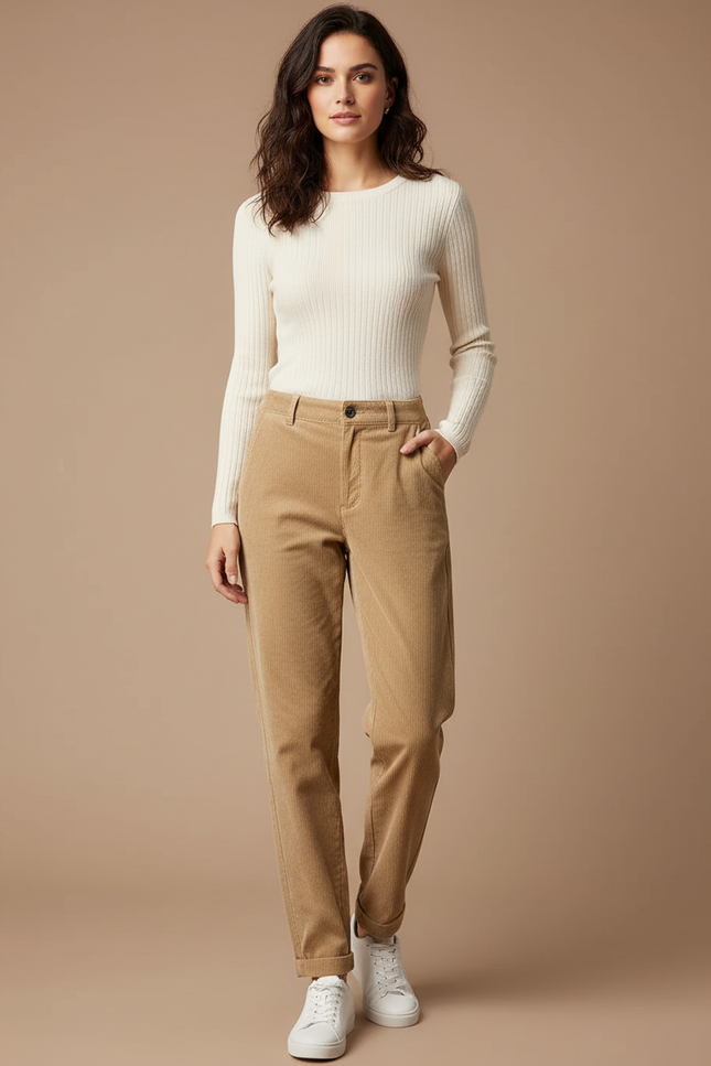 Pantalon Chino Beige Côtelé Décontracté Femme Fluide - Cordé