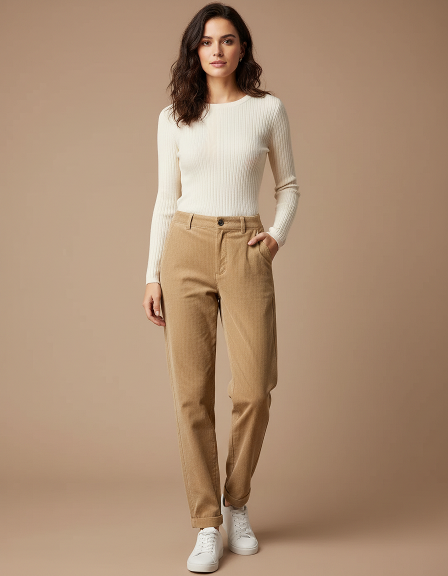 Pantalon Chino Beige Côtelé Décontracté Femme Fluide - Cordé