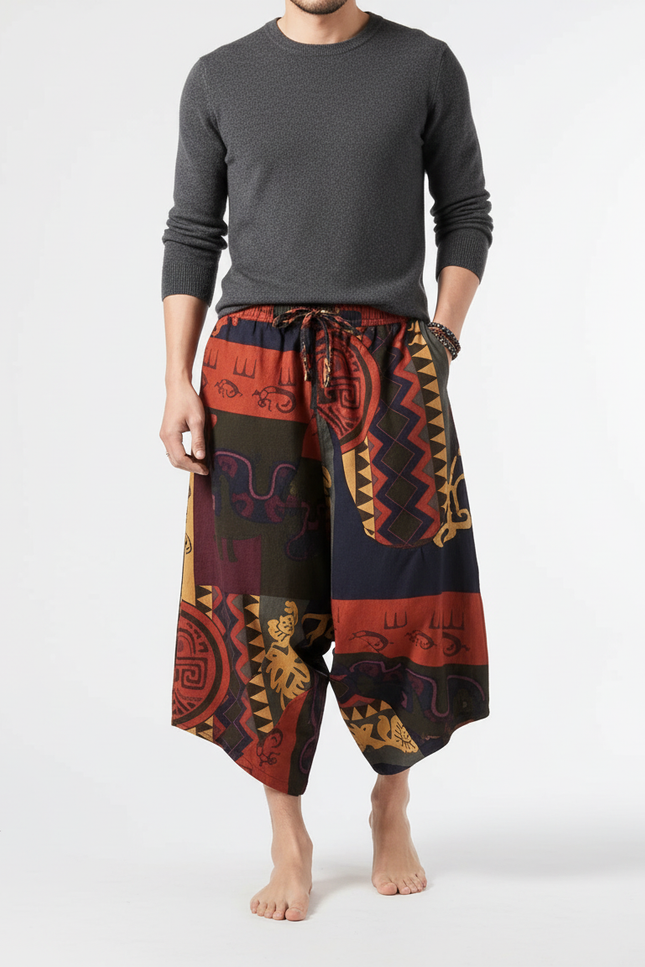 Pantalon Chino Ethnique Ample Imprimé Multicolore Coton