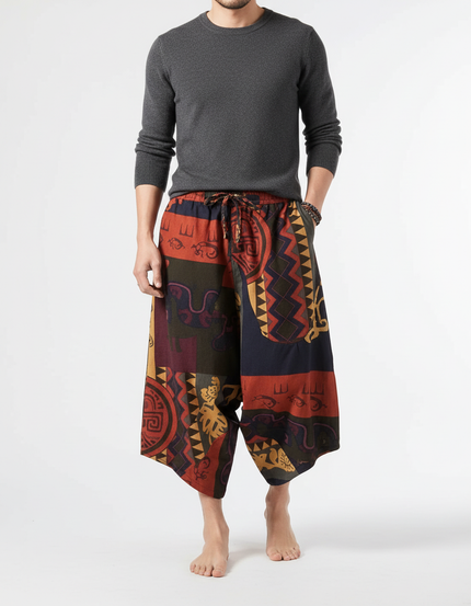 Pantalon Chino Ethnique Ample Imprimé Multicolore Coton