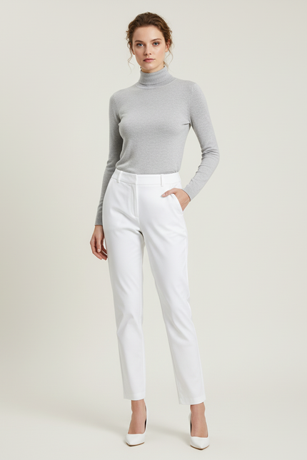 Pantalon Chino Blanc Droit Ajusté Femme Élégant - Gabardine