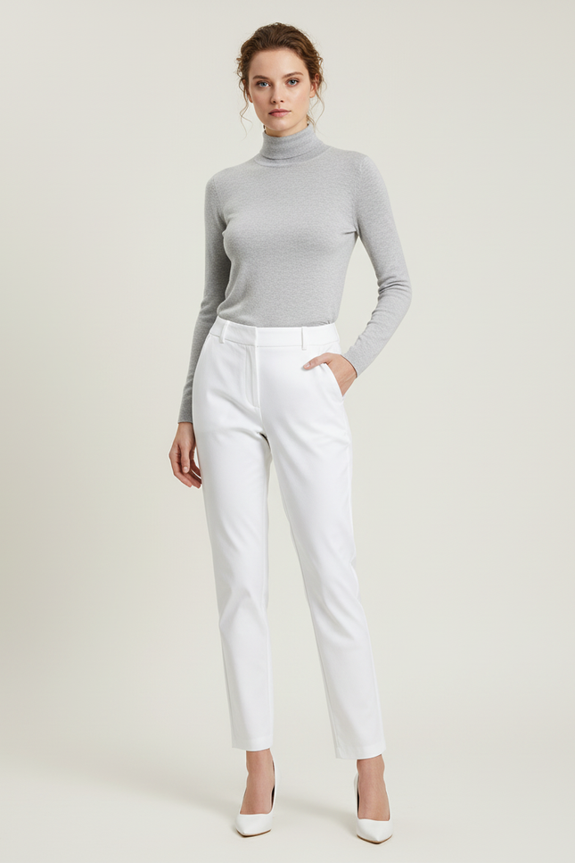 Pantalon Chino Blanc Droit Ajusté Femme Élégant - Gabardine