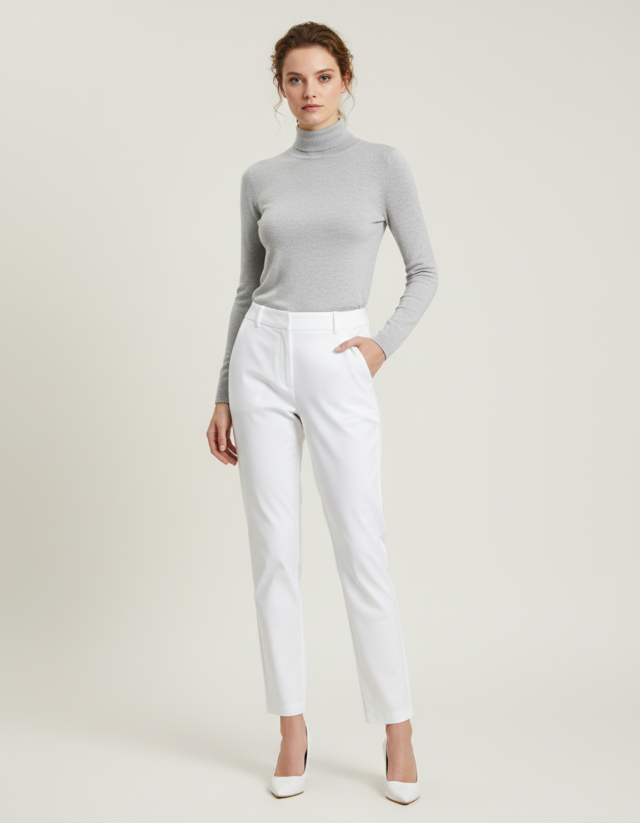 Pantalon Chino Blanc Droit Ajusté Femme Élégant - Gabardine