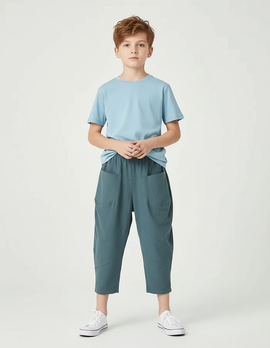 Pantalon Chino Bleu Canard Ample Décontracté Enfant - Coton