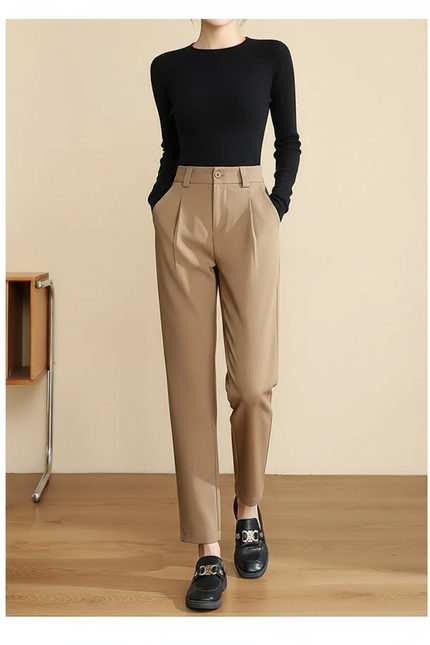 Pantalon Chino Beige Plissé Tapered Taille Haute Femme - Gabardine