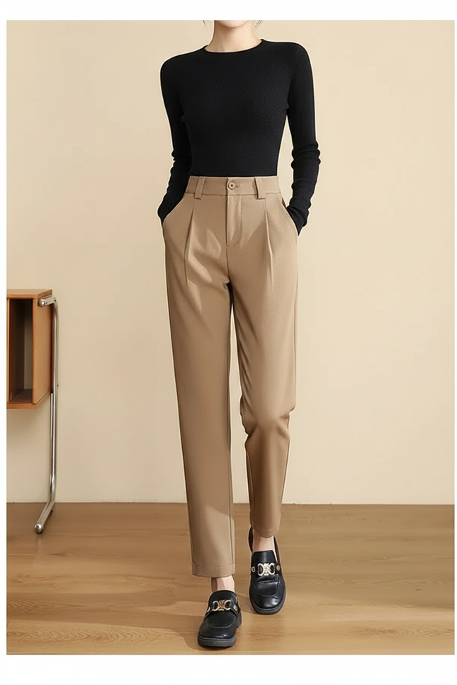 Pantalon Chino Beige Plissé Tapered Taille Haute Femme - Gabardine
