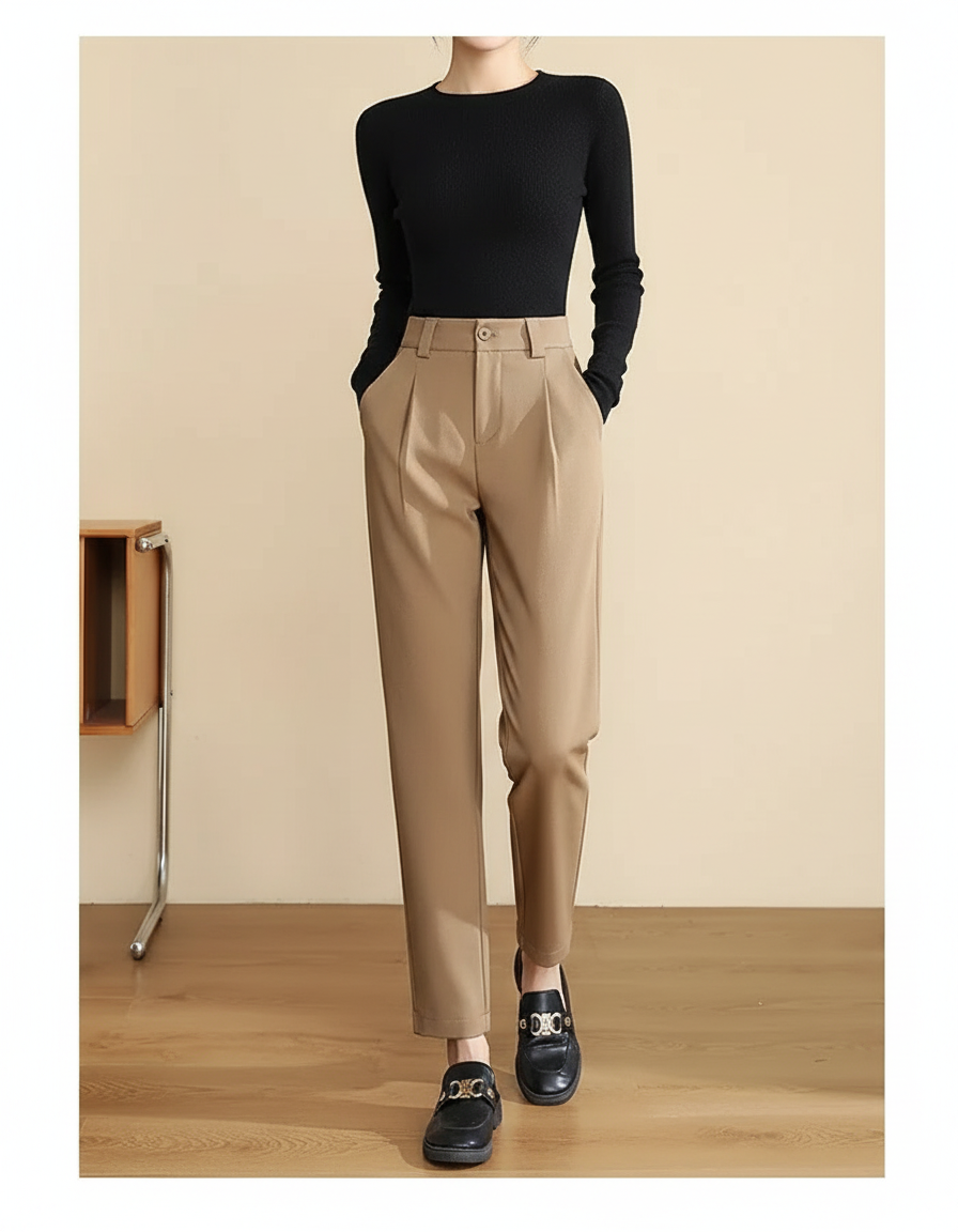 Pantalon Chino Beige Plissé Tapered Taille Haute Femme - Gabardine