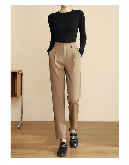 Pantalon Chino Beige Plissé Tapered Taille Haute Femme - Gabardine
