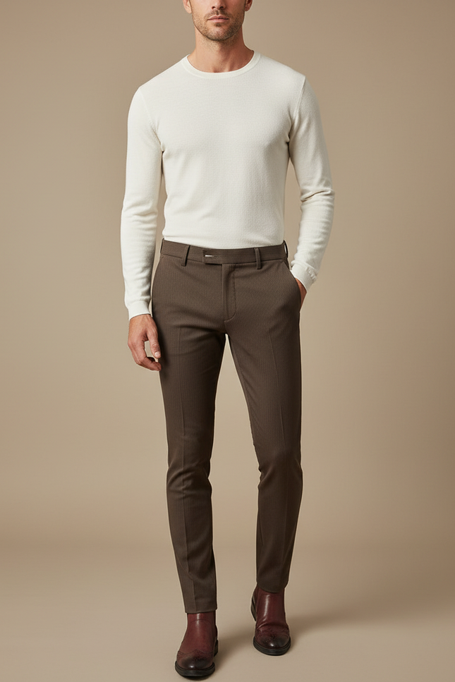 Pantalon Chino Marron Slim Rayé Élégant Homme - Gabardine