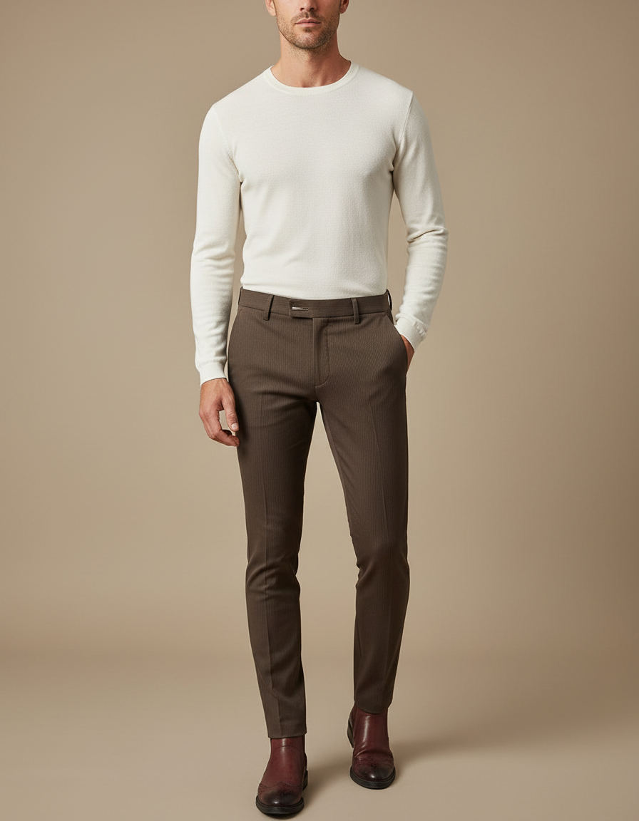 Pantalon Chino Marron Slim Rayé Élégant Homme - Gabardine