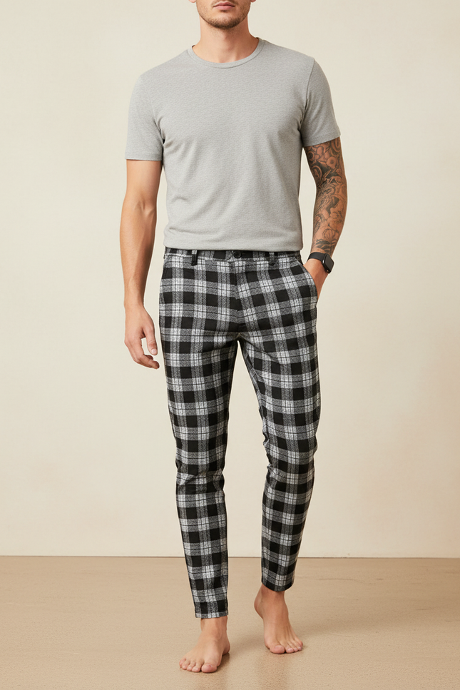 Pantalon Chino Carreaux Noir Slim Décontracté Homme - Imprimé Molleton