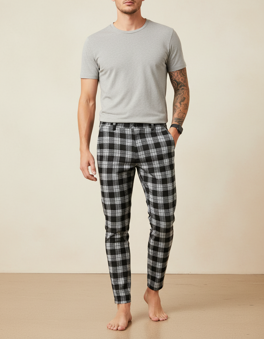 Pantalon Chino Carreaux Noir Slim Décontracté Homme - Imprimé Molleton